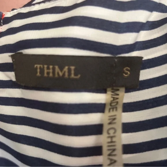 THLM Navy and White Striped Blouse with Orange Piping Detail EUC Size Small - Picture 4 of 7